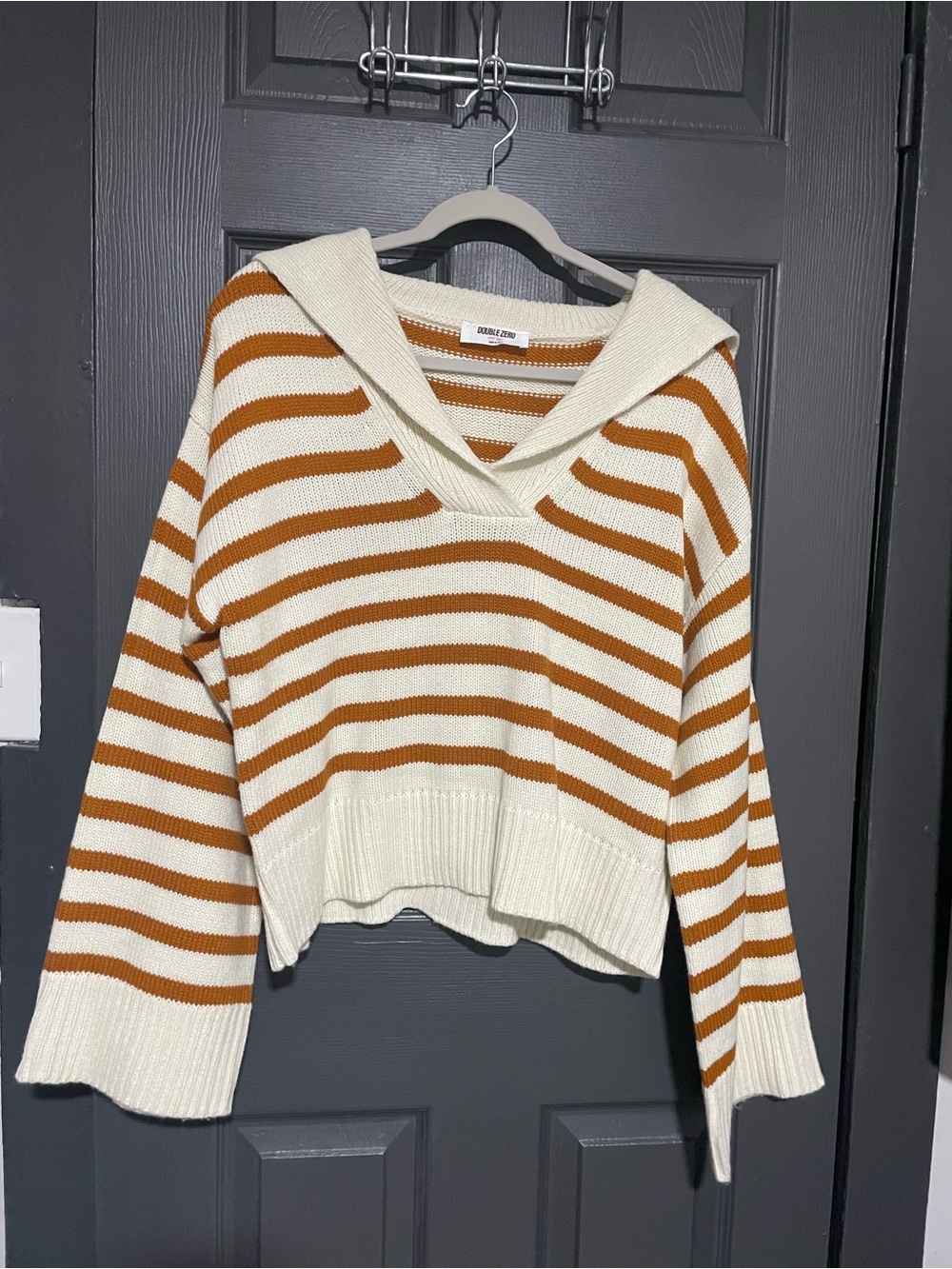 Double Zero Cream & Burnt Orange Striped V-Neck Sweater with Hooded Collar